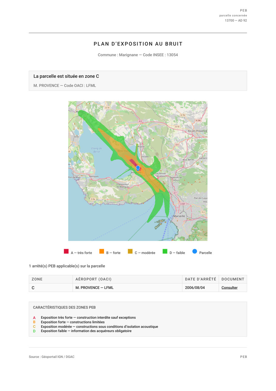 Fiche du plan d’exposition au bruit d’un dossier environnemental : la parcelle située en zone C de l’aéroport Marseille-Provence, carte des zones A à D et arrêté applicable avec son lien